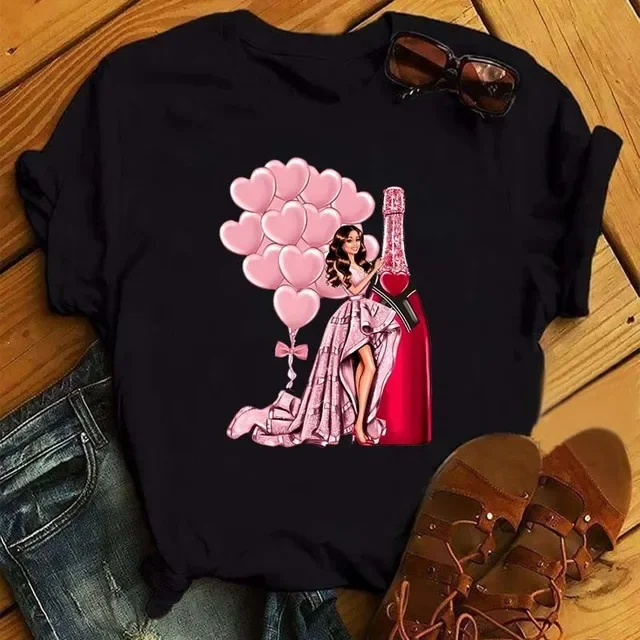 100% COTTON Women's Top Women's High Heels Wine Glass White Print Large Size Summer T-shirt Graphic T Shirts Oversized Tshirt