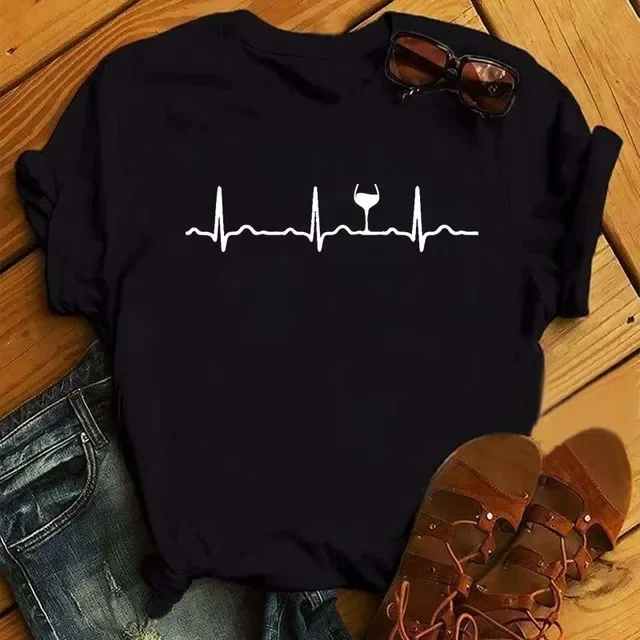 100% COTTON Women's Top Women's High Heels Wine Glass White Print Large Size Summer T-shirt Graphic T Shirts Oversized Tshirt