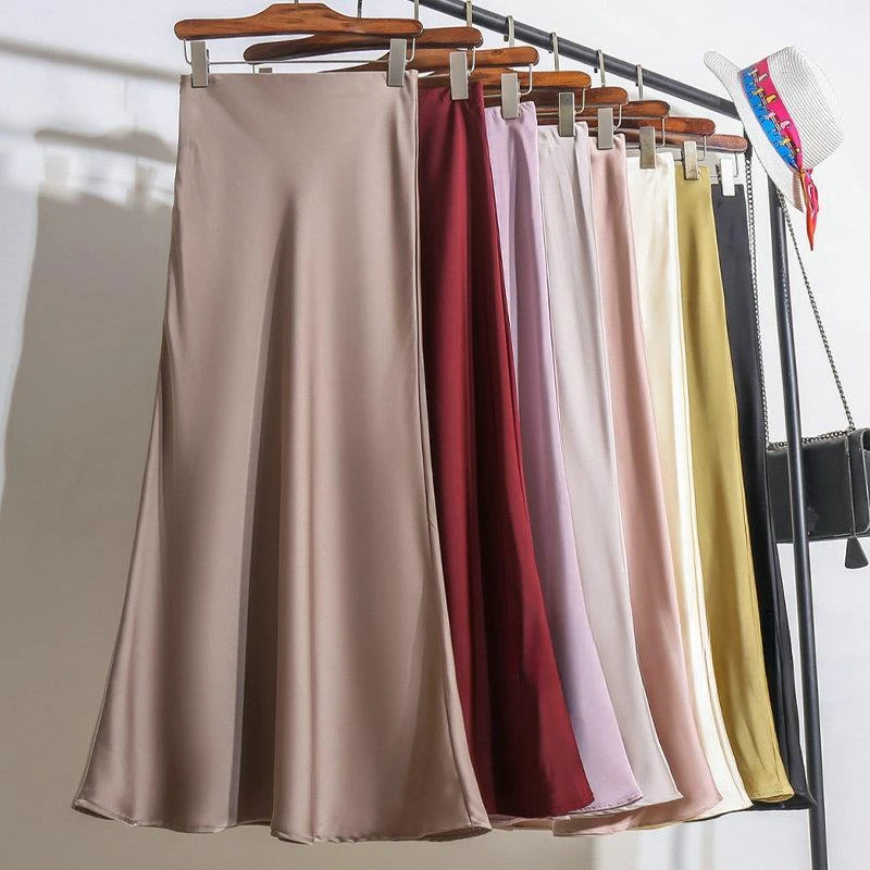 Women's Long Skirt 2026 New Fashion Satin Skirt Office Lady Elastic Waist Solid Champagne Purple Red Silk A-LINE Skirt for Women