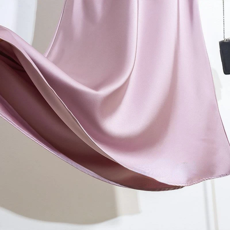 Women's Long Skirt 2026 New Fashion Satin Skirt Office Lady Elastic Waist Solid Champagne Purple Red Silk A-LINE Skirt for Women