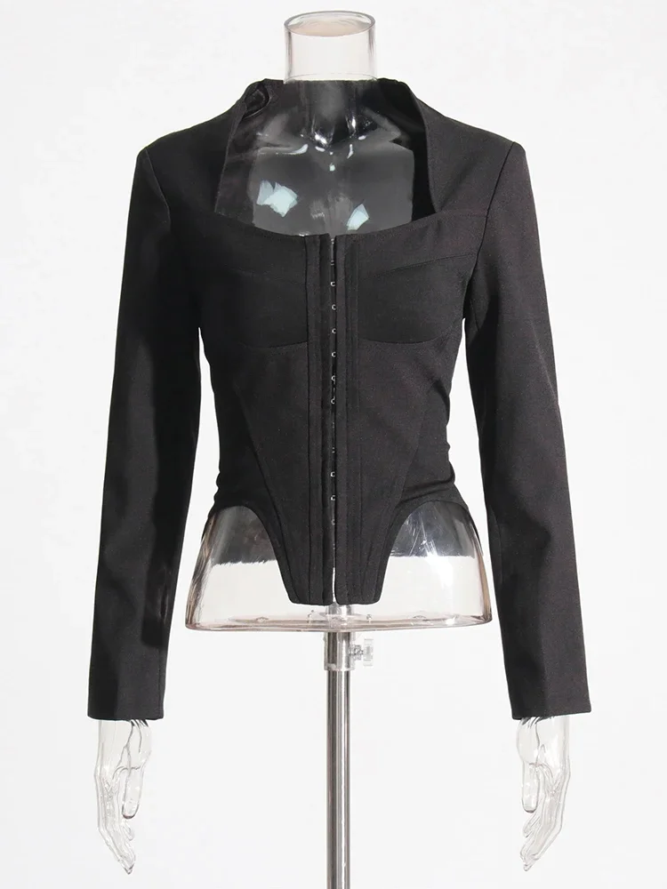 TWOTWINSTYLE Solid Slimming Sexy Irregular Coats For Women Square Collar Long Sleeve Temperament Jackets Female Fashion 2023 New