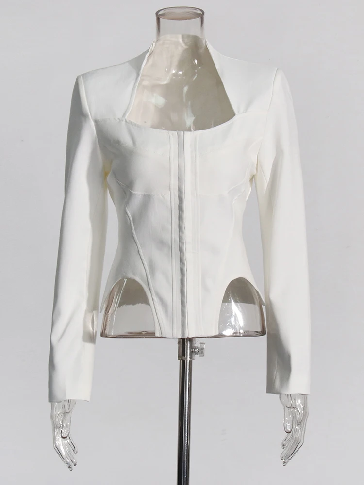TWOTWINSTYLE Solid Slimming Sexy Irregular Coats For Women Square Collar Long Sleeve Temperament Jackets Female Fashion 2023 New