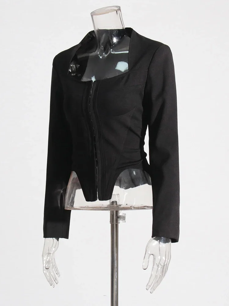 TWOTWINSTYLE Solid Slimming Sexy Irregular Coats For Women Square Collar Long Sleeve Temperament Jackets Female Fashion 2023 New