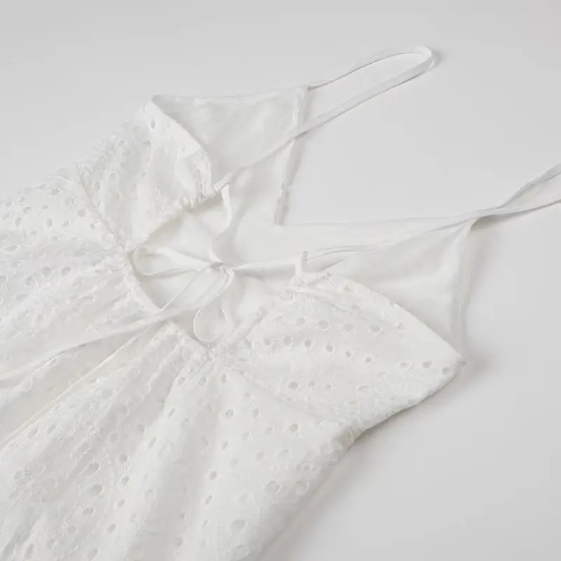 YENKYE Sexy Backless Hollow Out Embroidery Spaghetti Strap Dress Women V Neck A-line Midi Summer Dresses Party Robe