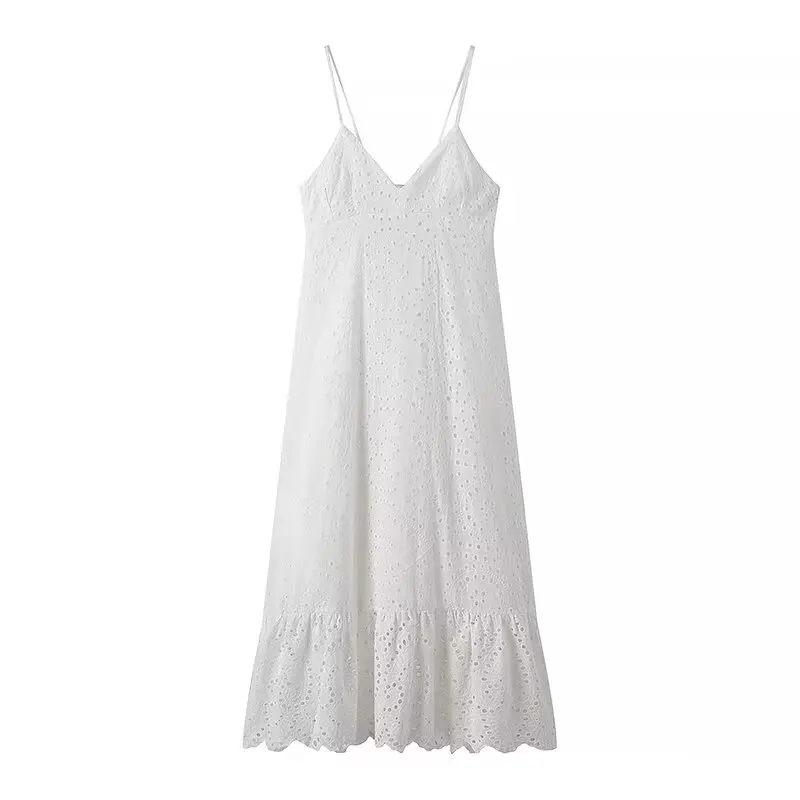 YENKYE Sexy Backless Hollow Out Embroidery Spaghetti Strap Dress Women V Neck A-line Midi Summer Dresses Party Robe
