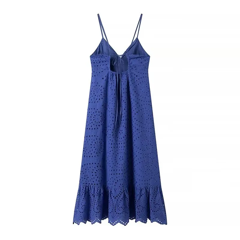 YENKYE Sexy Backless Hollow Out Embroidery Spaghetti Strap Dress Women V Neck A-line Midi Summer Dresses Party Robe