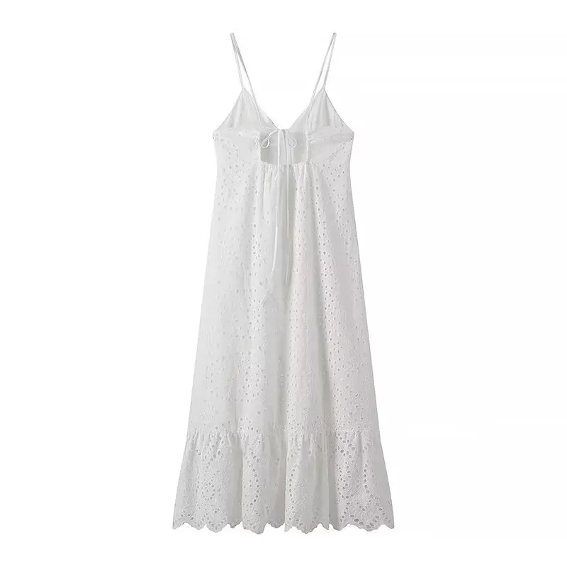 YENKYE Sexy Backless Hollow Out Embroidery Spaghetti Strap Dress Women V Neck A-line Midi Summer Dresses Party Robe