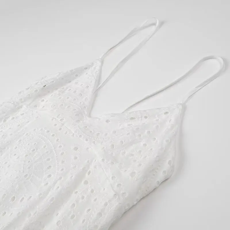 YENKYE Sexy Backless Hollow Out Embroidery Spaghetti Strap Dress Women V Neck A-line Midi Summer Dresses Party Robe