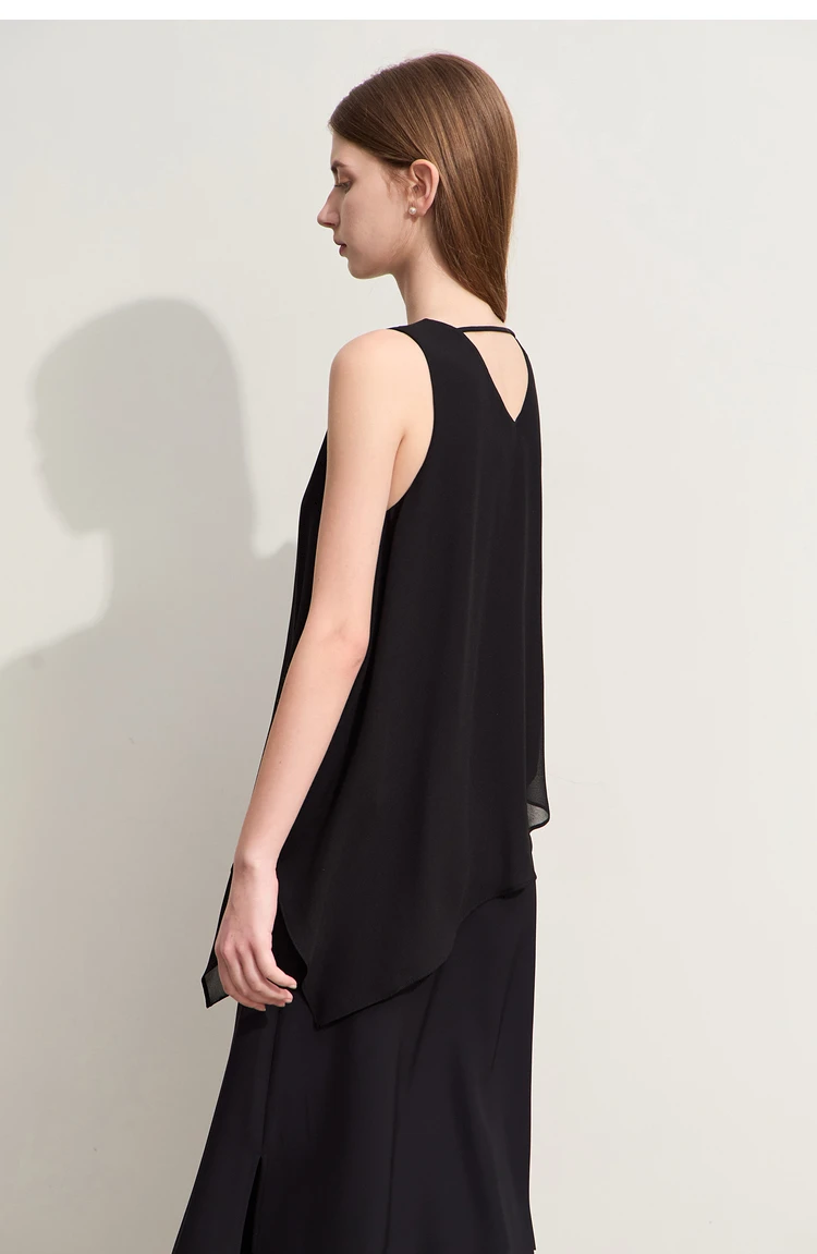 Amii Minimalism 2026 Women Dresses Summer New Vacation Style V-neck Spliced Chiffon Female Sleeveless Loose Dress 12452102