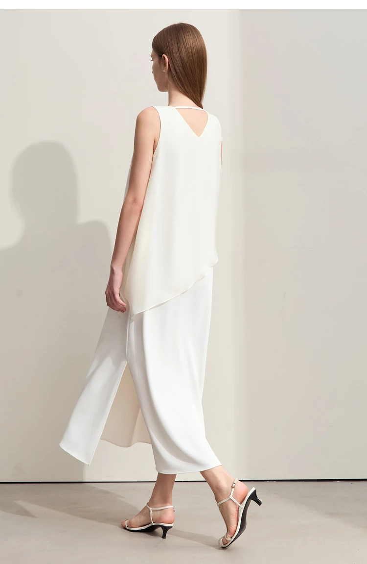 Amii Minimalism 2026 Women Dresses Summer New Vacation Style V-neck Spliced Chiffon Female Sleeveless Loose Dress 12452102