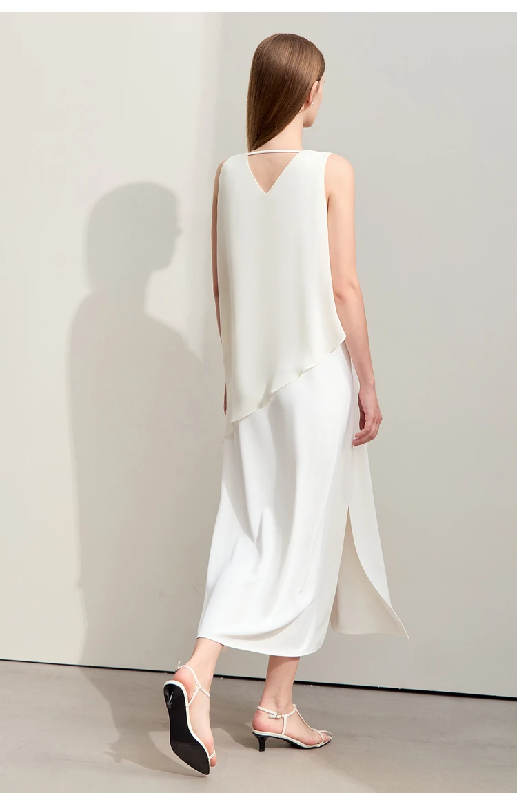 Amii Minimalism 2026 Women Dresses Summer New Vacation Style V-neck Spliced Chiffon Female Sleeveless Loose Dress 12452102