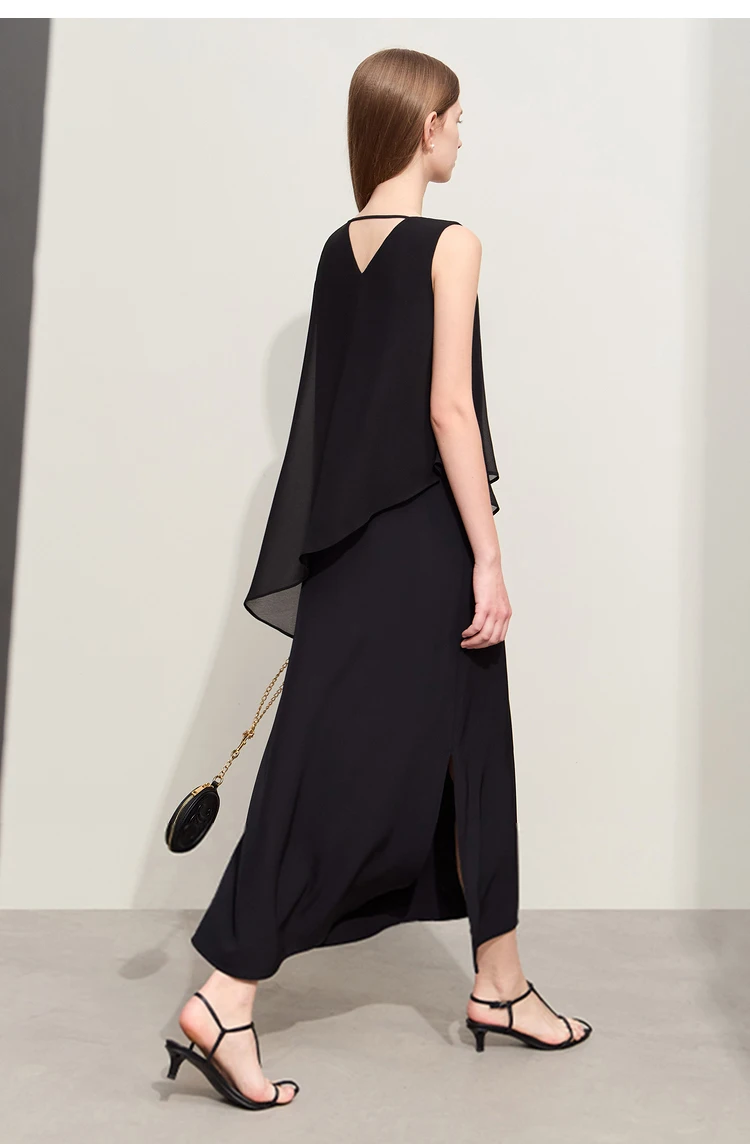 Amii Minimalism 2026 Women Dresses Summer New Vacation Style V-neck Spliced Chiffon Female Sleeveless Loose Dress 12452102