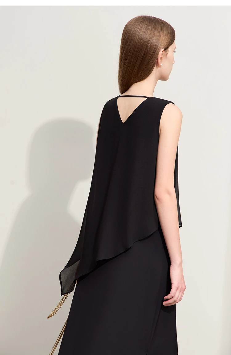Amii Minimalism 2026 Women Dresses Summer New Vacation Style V-neck Spliced Chiffon Female Sleeveless Loose Dress 12452102