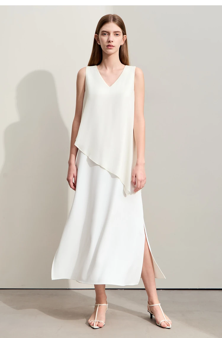 Amii Minimalism 2026 Women Dresses Summer New Vacation Style V-neck Spliced Chiffon Female Sleeveless Loose Dress 12452102