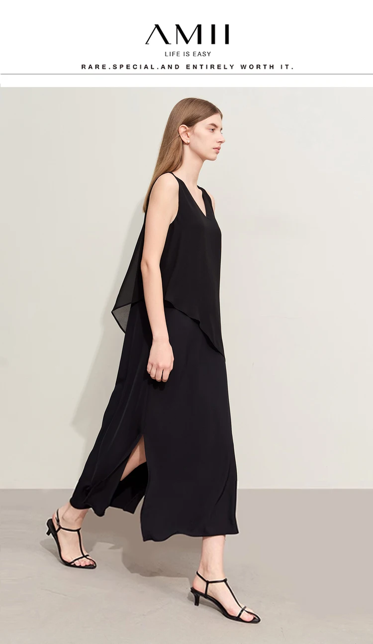 Amii Minimalism 2026 Women Dresses Summer New Vacation Style V-neck Spliced Chiffon Female Sleeveless Loose Dress 12452102