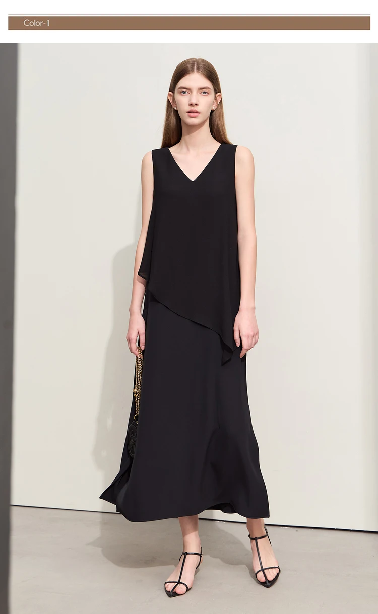 Amii Minimalism 2026 Women Dresses Summer New Vacation Style V-neck Spliced Chiffon Female Sleeveless Loose Dress 12452102
