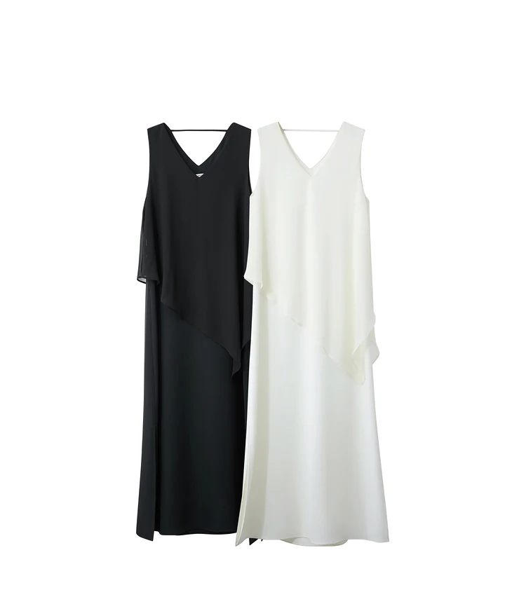 Amii Minimalism 2026 Women Dresses Summer New Vacation Style V-neck Spliced Chiffon Female Sleeveless Loose Dress 12452102