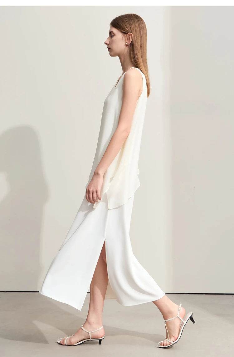 Amii Minimalism 2026 Women Dresses Summer New Vacation Style V-neck Spliced Chiffon Female Sleeveless Loose Dress 12452102