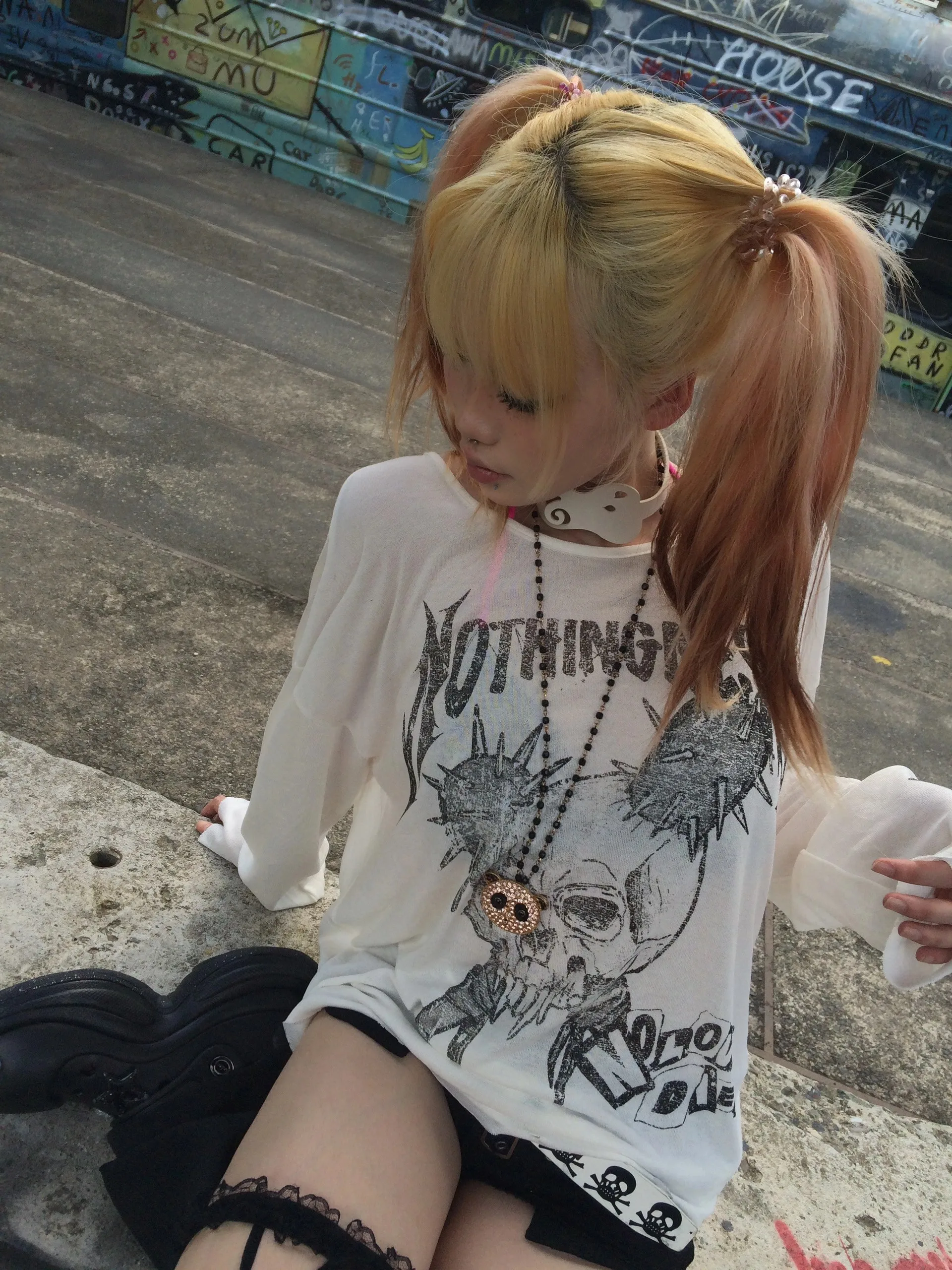Karrram Japanese Y2k Tattoo Print Tops Trashy 2000s Style Skull Long Sleeve T-shirt Grunge Gothic Streetwear Vintage Harajuku