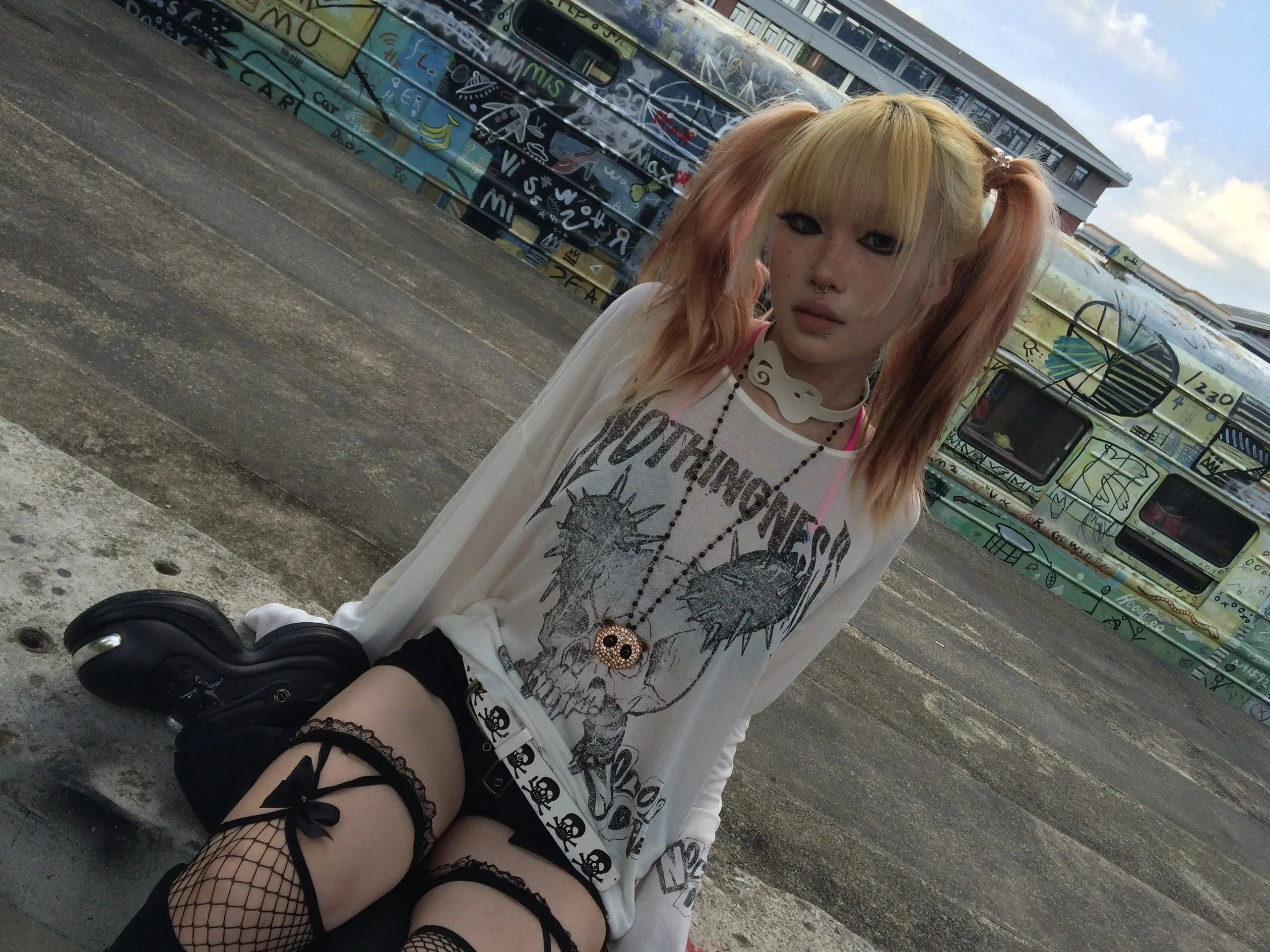 Karrram Japanese Y2k Tattoo Print Tops Trashy 2000s Style Skull Long Sleeve T-shirt Grunge Gothic Streetwear Vintage Harajuku