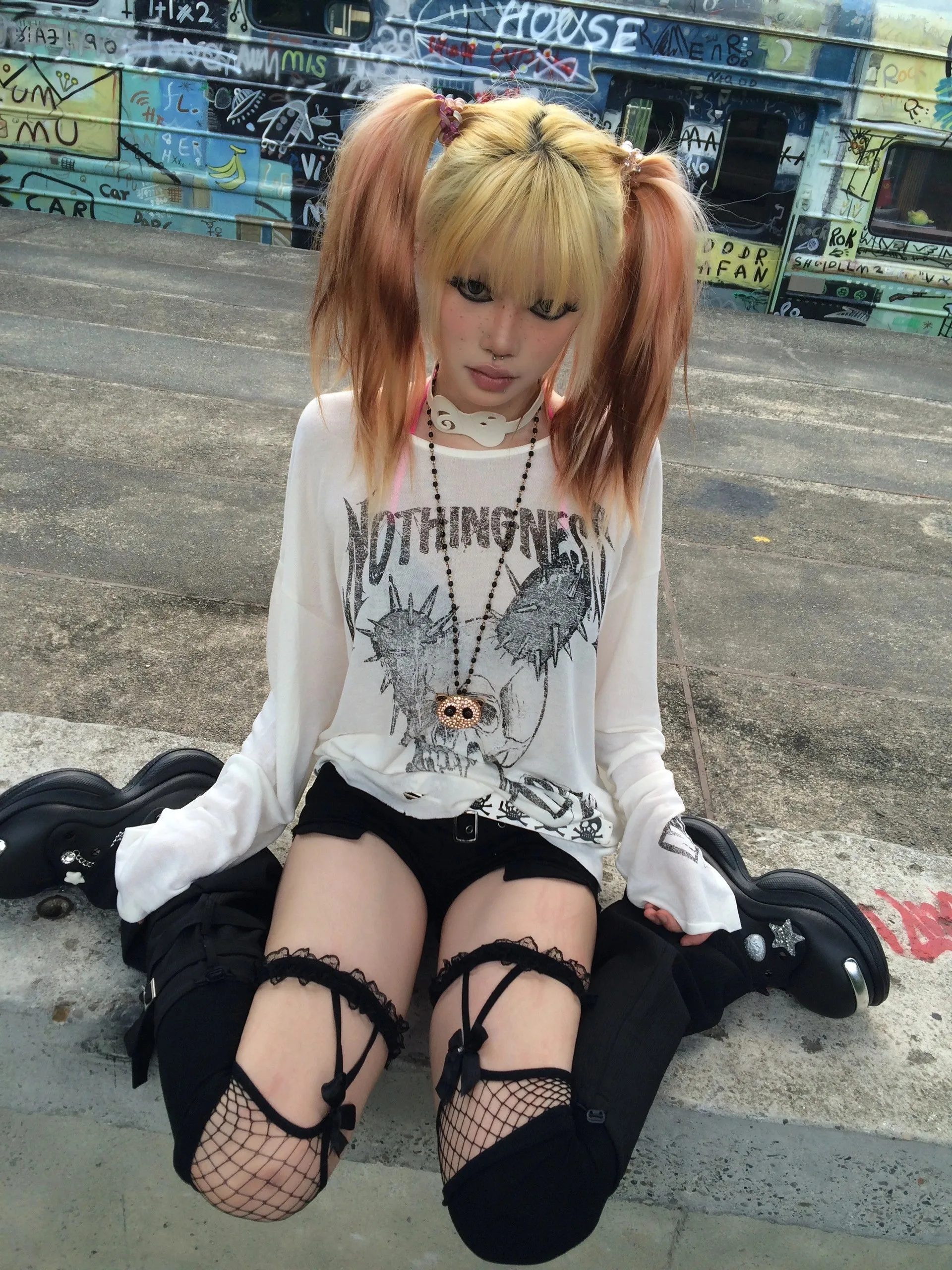Karrram Japanese Y2k Tattoo Print Tops Trashy 2000s Style Skull Long Sleeve T-shirt Grunge Gothic Streetwear Vintage Harajuku