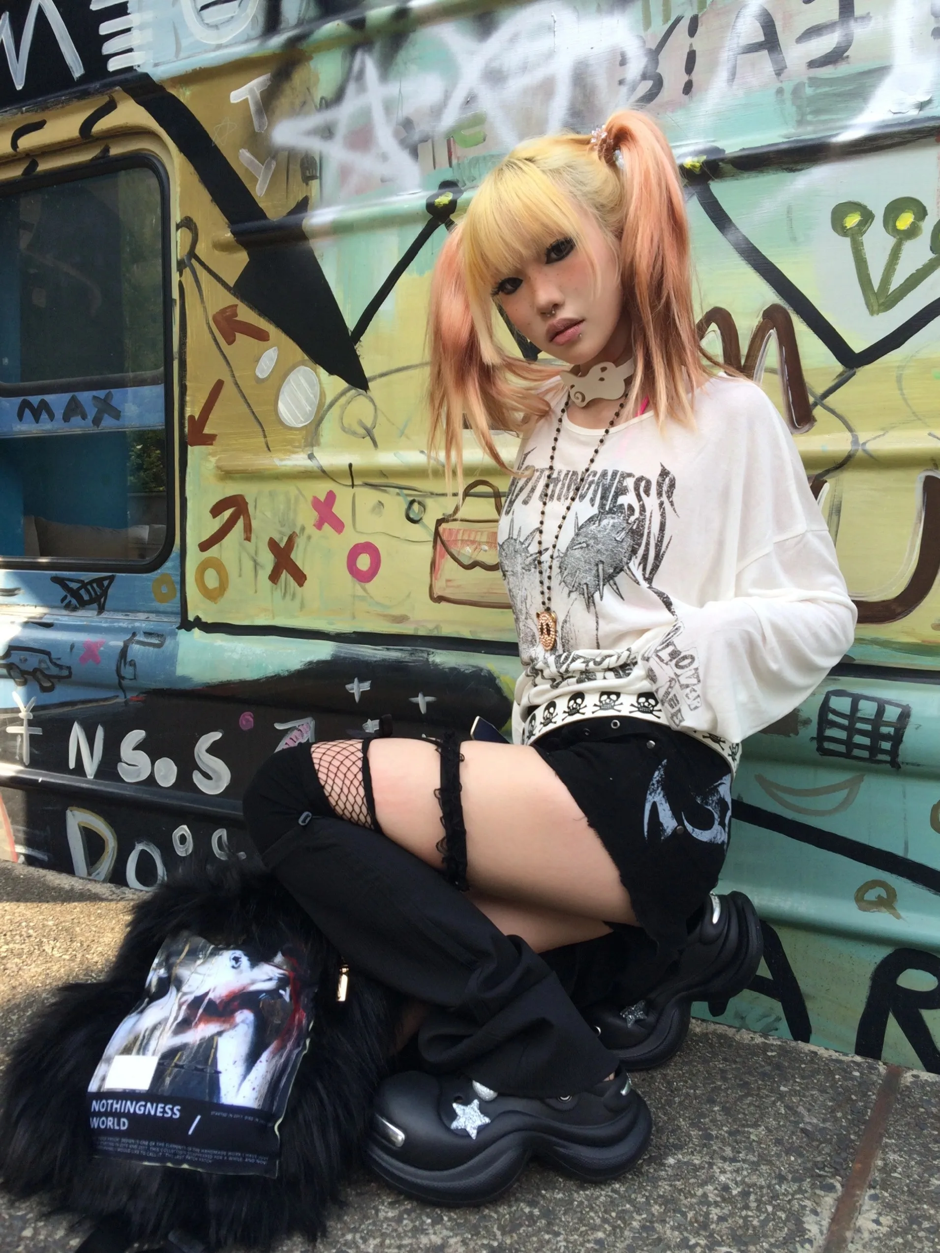 Karrram Japanese Y2k Tattoo Print Tops Trashy 2000s Style Skull Long Sleeve T-shirt Grunge Gothic Streetwear Vintage Harajuku