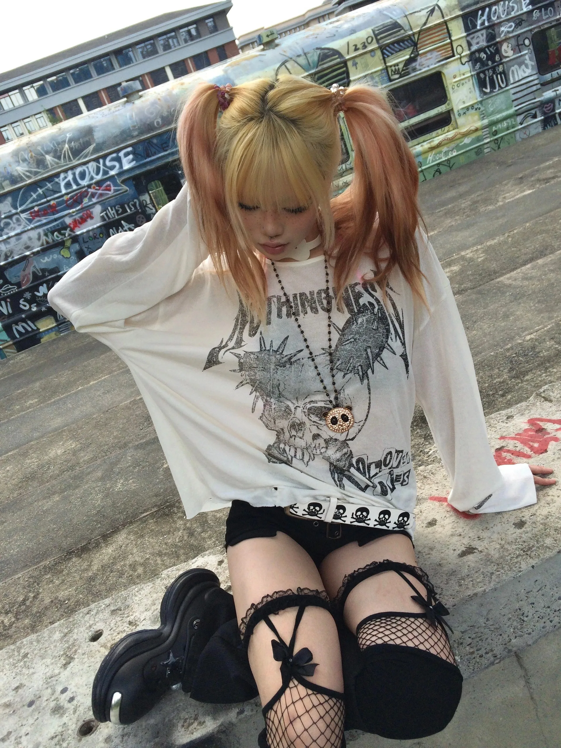 Karrram Japanese Y2k Tattoo Print Tops Trashy 2000s Style Skull Long Sleeve T-shirt Grunge Gothic Streetwear Vintage Harajuku