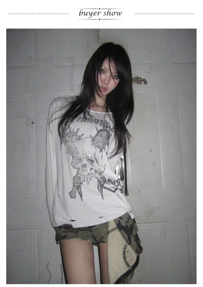 Karrram Japanese Y2k Tattoo Print Tops Trashy 2000s Style Skull Long Sleeve T-shirt Grunge Gothic Streetwear Vintage Harajuku