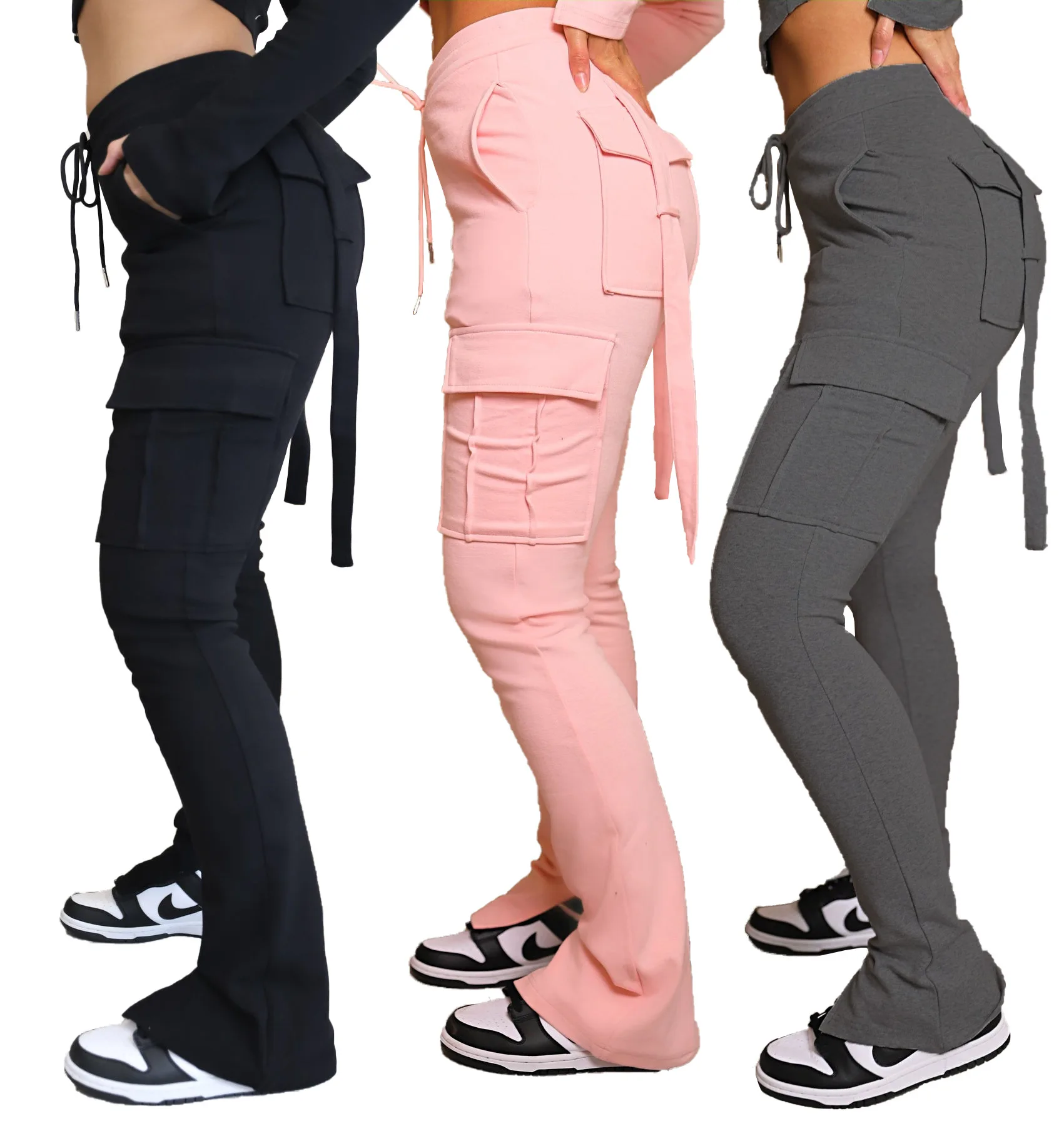 Cargo Pant Women Long Pants Sexy Slim Fit Casual Drawstring Splice Button Pocket Straight Trousers Lace Up High Elastic Waist