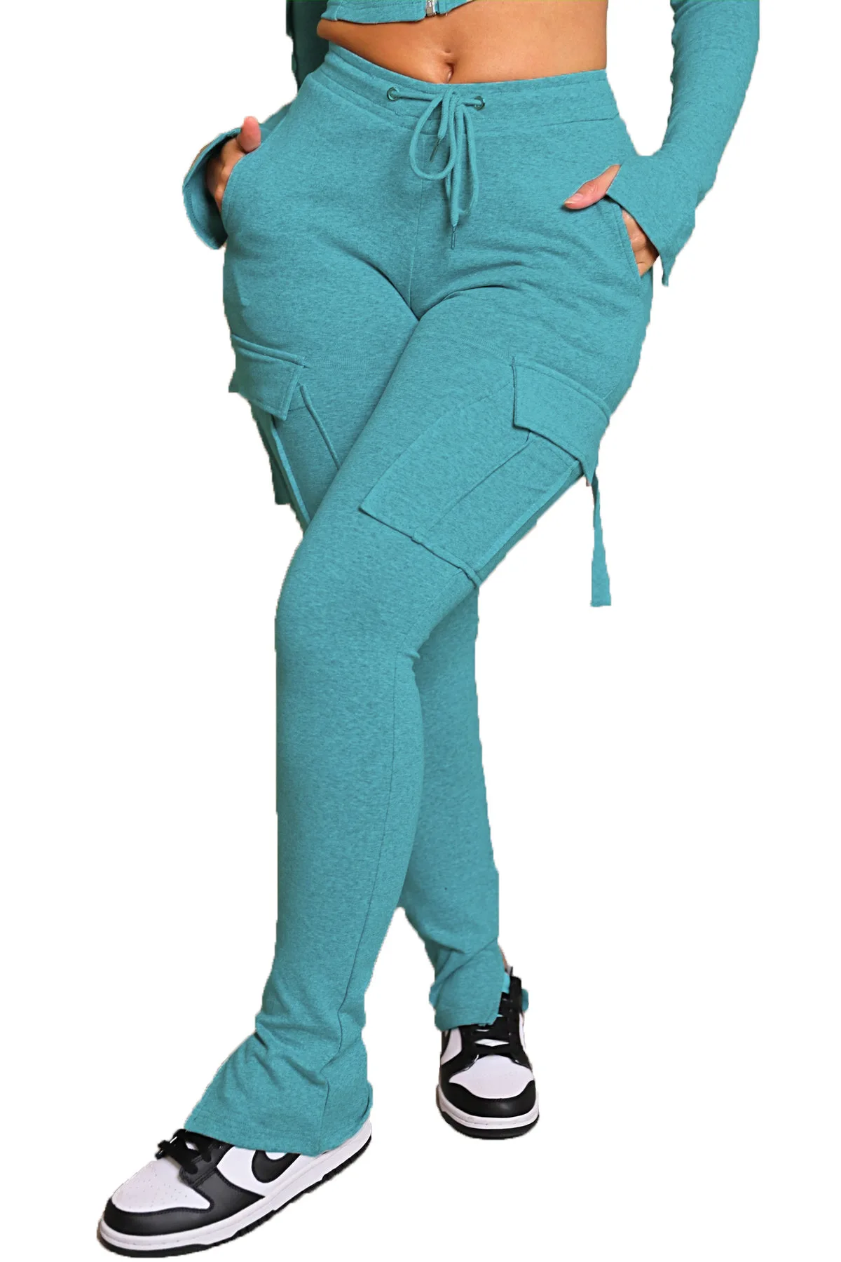 Cargo Pant Women Long Pants Sexy Slim Fit Casual Drawstring Splice Button Pocket Straight Trousers Lace Up High Elastic Waist