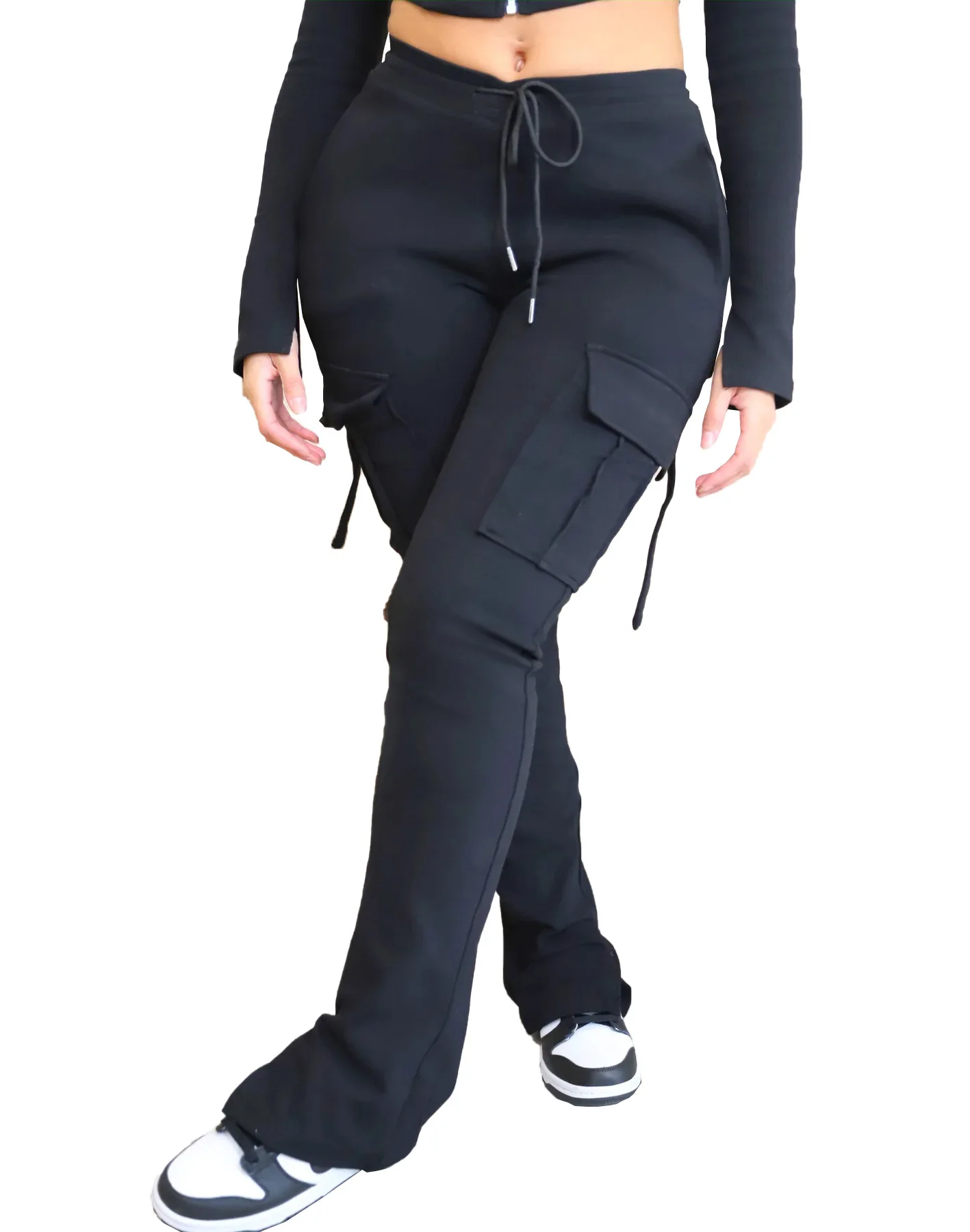 Cargo Pant Women Long Pants Sexy Slim Fit Casual Drawstring Splice Button Pocket Straight Trousers Lace Up High Elastic Waist