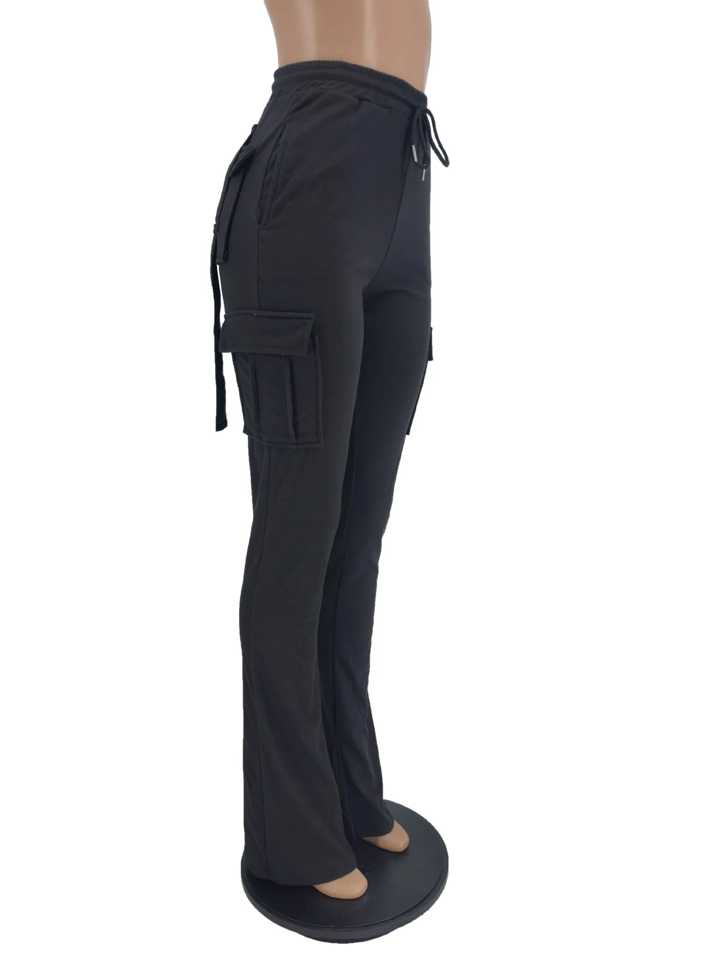 Cargo Pant Women Long Pants Sexy Slim Fit Casual Drawstring Splice Button Pocket Straight Trousers Lace Up High Elastic Waist