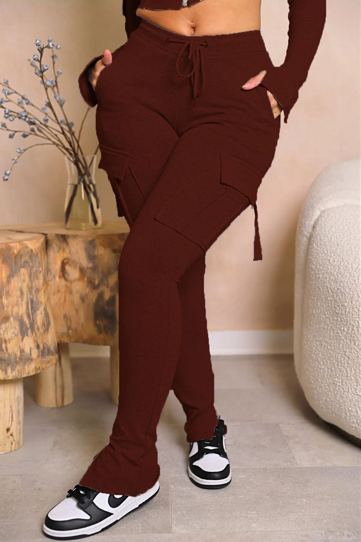 Cargo Pant Women Long Pants Sexy Slim Fit Casual Drawstring Splice Button Pocket Straight Trousers Lace Up High Elastic Waist