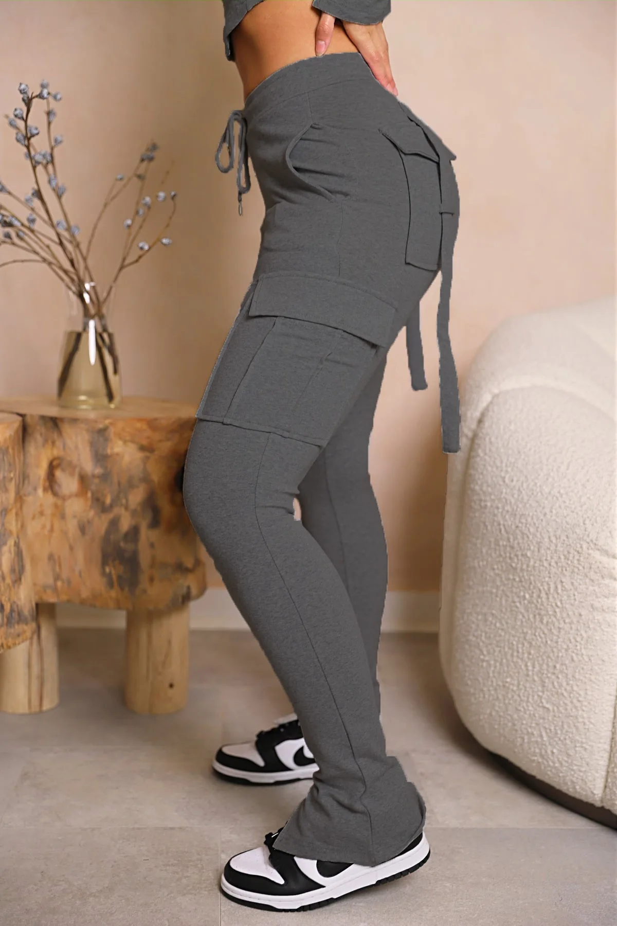 Cargo Pant Women Long Pants Sexy Slim Fit Casual Drawstring Splice Button Pocket Straight Trousers Lace Up High Elastic Waist