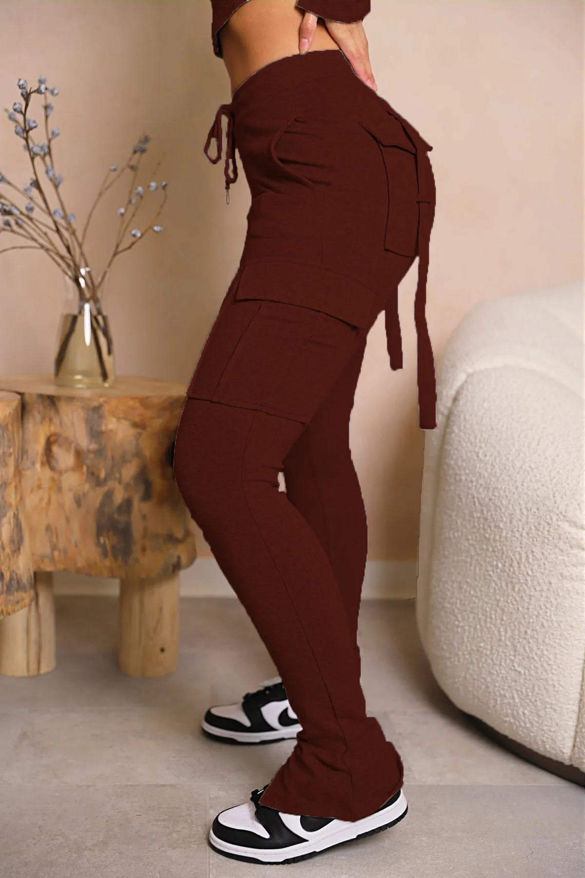 Cargo Pant Women Long Pants Sexy Slim Fit Casual Drawstring Splice Button Pocket Straight Trousers Lace Up High Elastic Waist