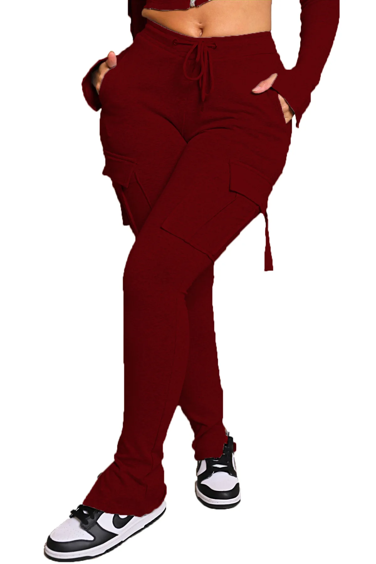 Cargo Pant Women Long Pants Sexy Slim Fit Casual Drawstring Splice Button Pocket Straight Trousers Lace Up High Elastic Waist