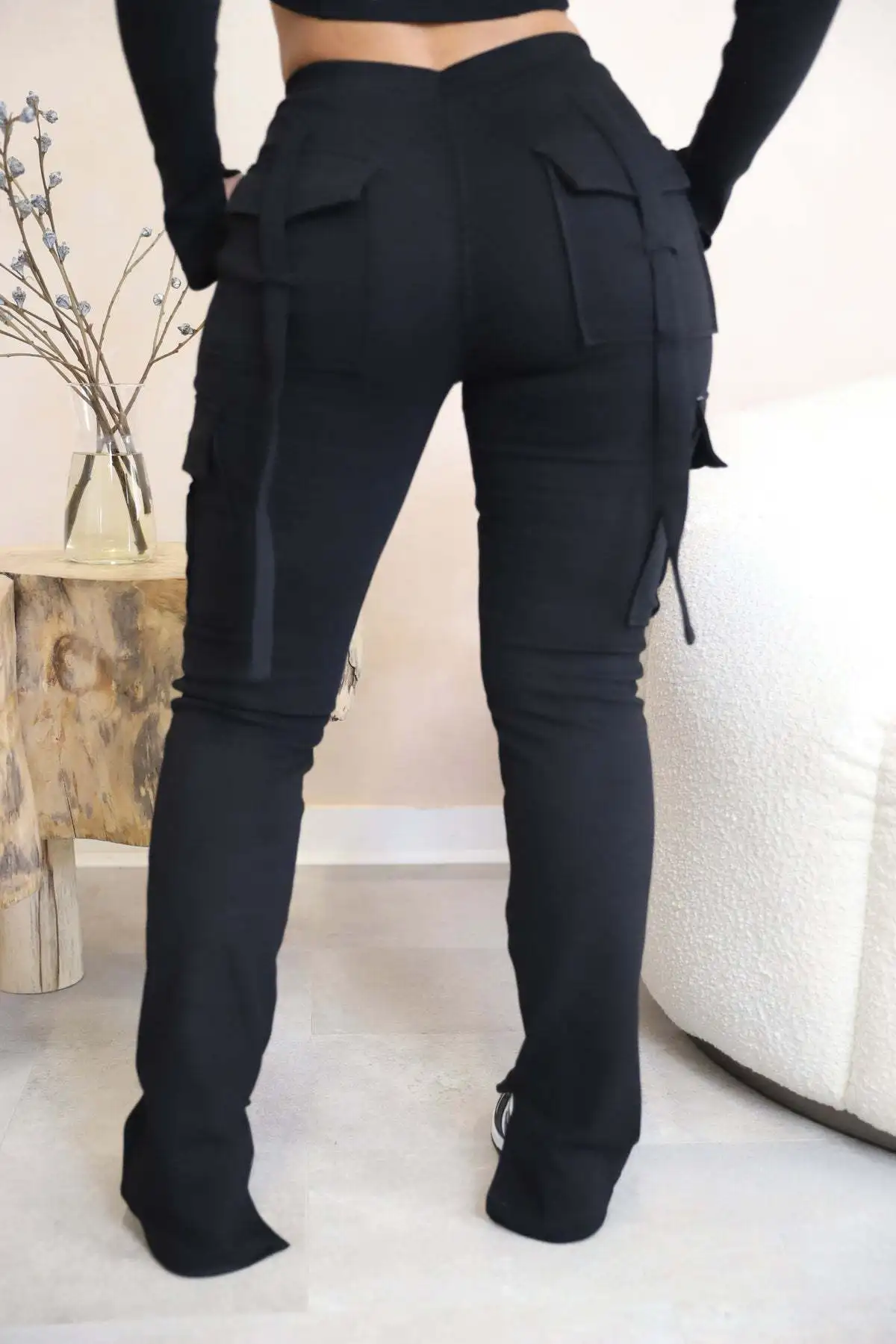 Cargo Pant Women Long Pants Sexy Slim Fit Casual Drawstring Splice Button Pocket Straight Trousers Lace Up High Elastic Waist