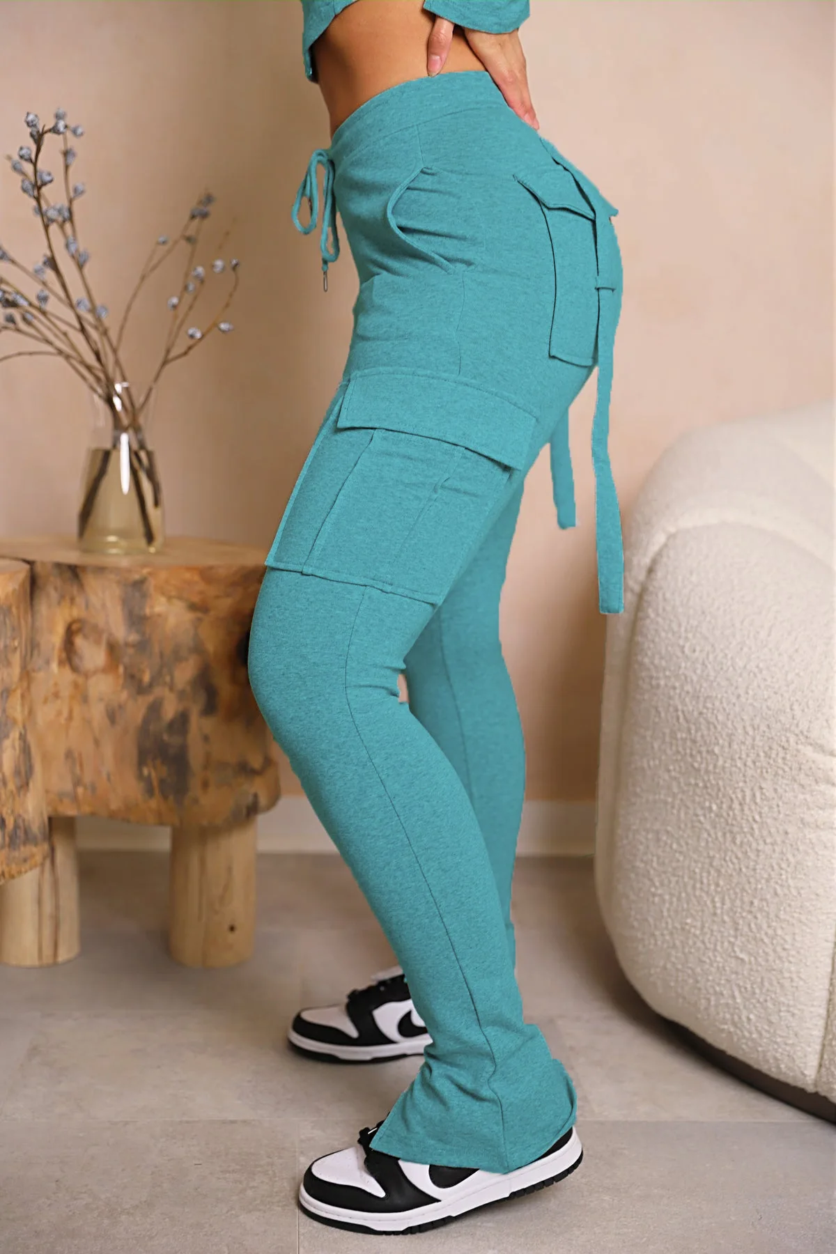 Cargo Pant Women Long Pants Sexy Slim Fit Casual Drawstring Splice Button Pocket Straight Trousers Lace Up High Elastic Waist