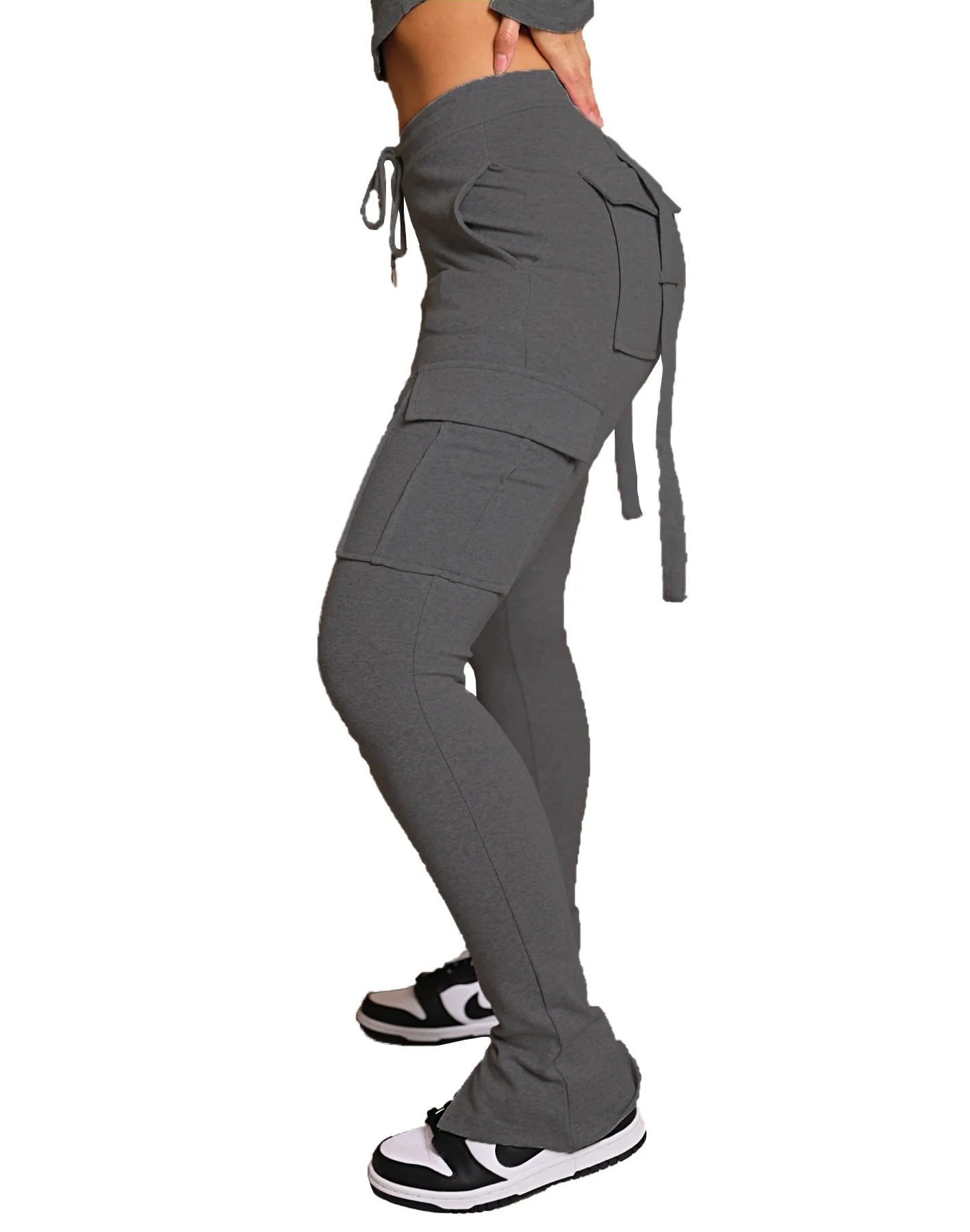Cargo Pant Women Long Pants Sexy Slim Fit Casual Drawstring Splice Button Pocket Straight Trousers Lace Up High Elastic Waist