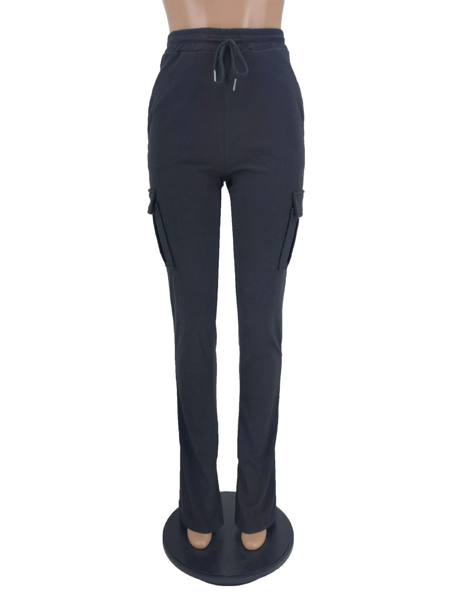 Cargo Pant Women Long Pants Sexy Slim Fit Casual Drawstring Splice Button Pocket Straight Trousers Lace Up High Elastic Waist