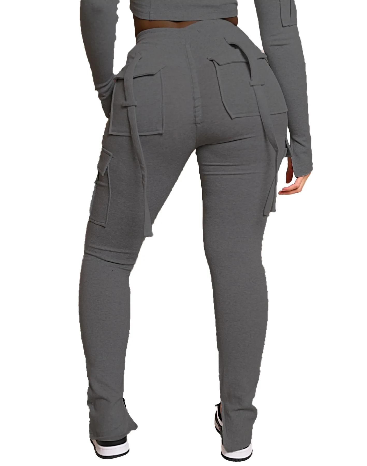 Cargo Pant Women Long Pants Sexy Slim Fit Casual Drawstring Splice Button Pocket Straight Trousers Lace Up High Elastic Waist