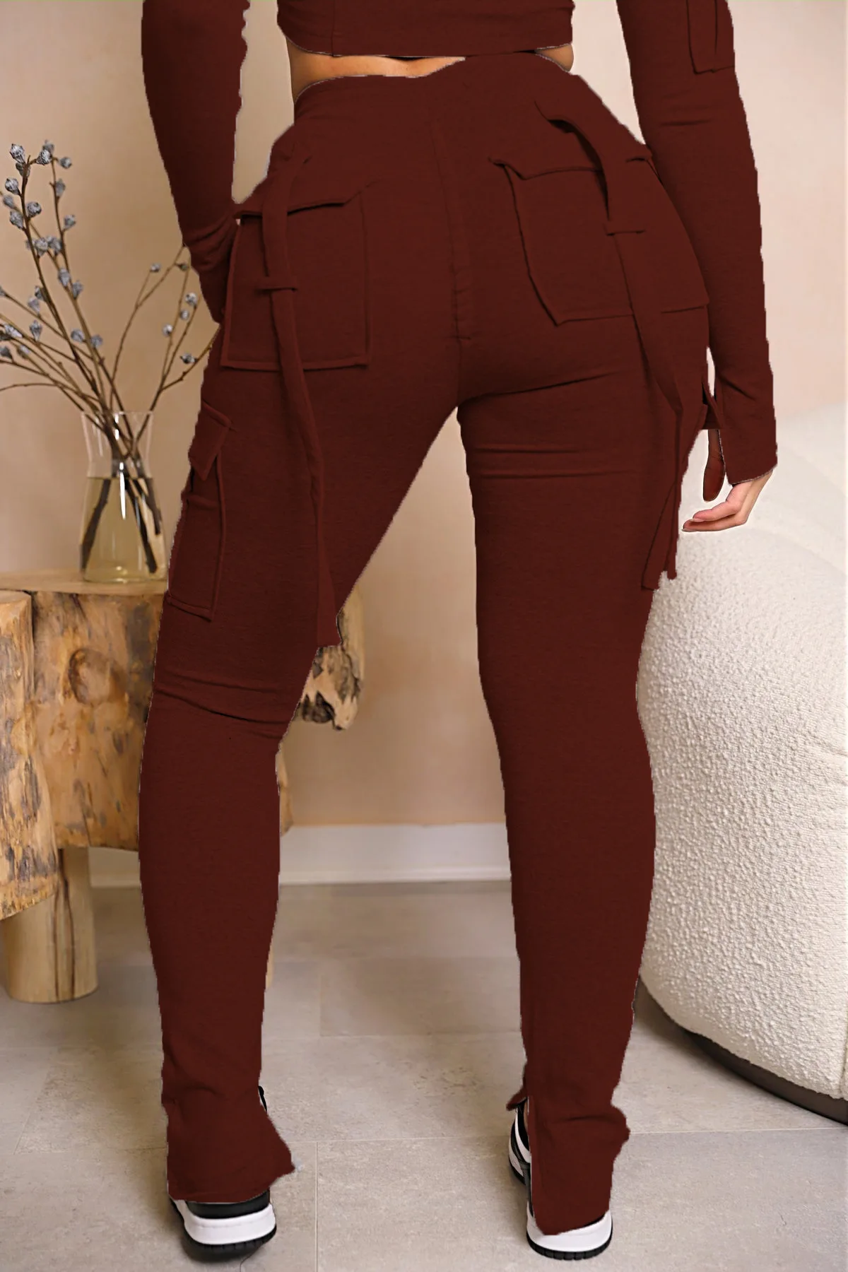 Cargo Pant Women Long Pants Sexy Slim Fit Casual Drawstring Splice Button Pocket Straight Trousers Lace Up High Elastic Waist