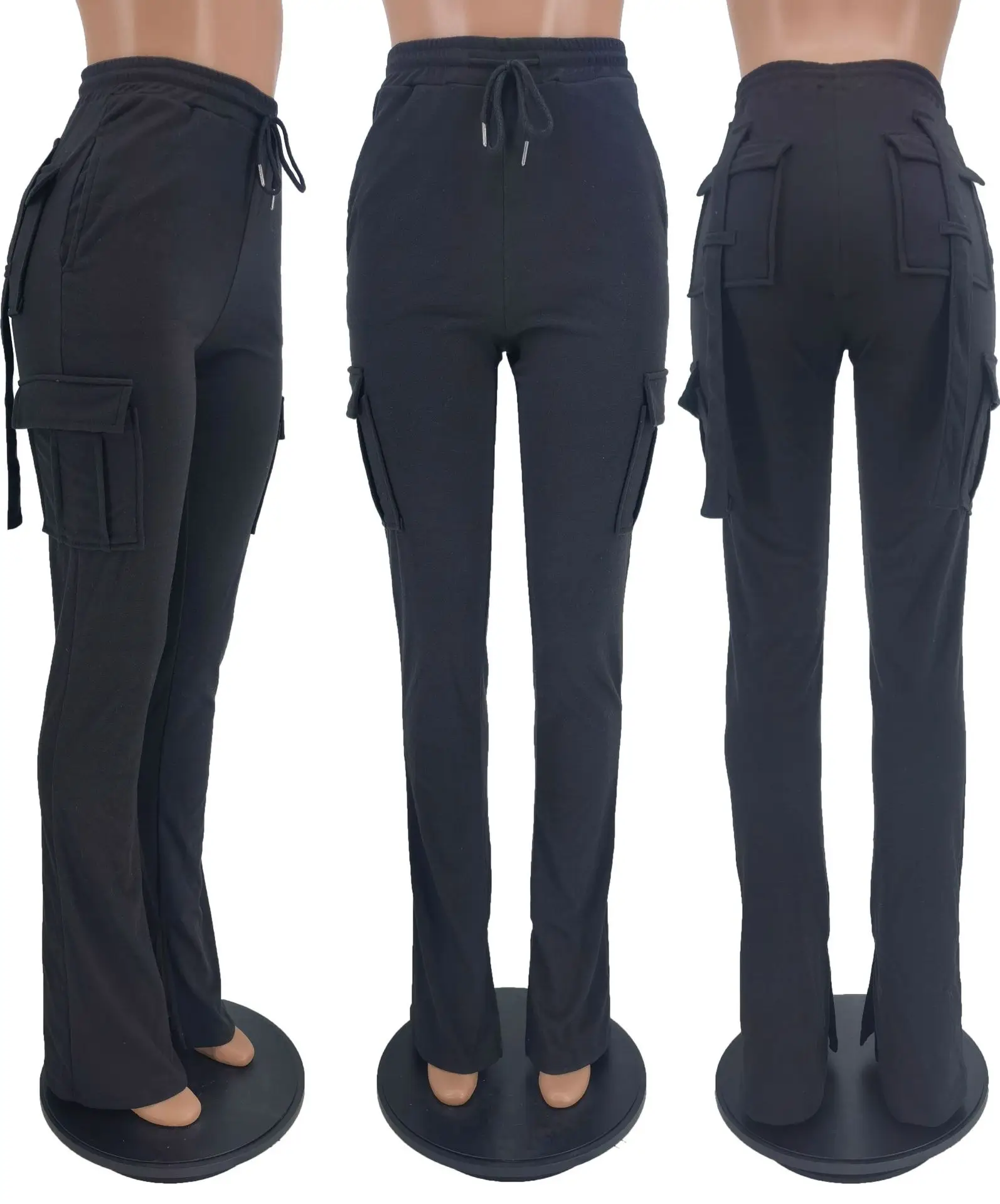 Cargo Pant Women Long Pants Sexy Slim Fit Casual Drawstring Splice Button Pocket Straight Trousers Lace Up High Elastic Waist