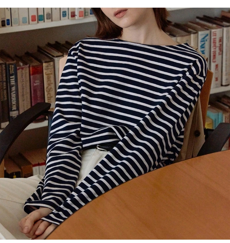 95% Cotton Women's T-Shirt Vinatge Striped Long Sleeve Tees Harajuku Basic Streetwear Tops Ropa Mujer Camisetas