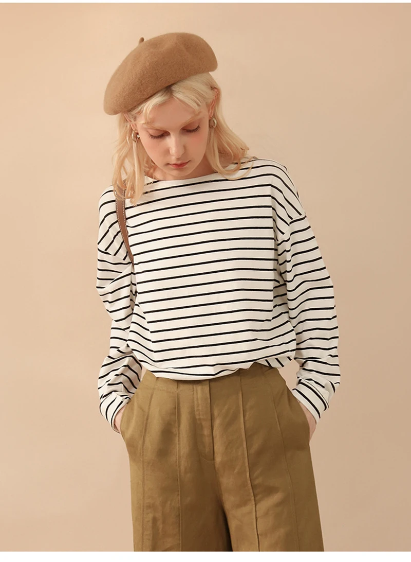 95% Cotton Women's T-Shirt Vinatge Striped Long Sleeve Tees Harajuku Basic Streetwear Tops Ropa Mujer Camisetas