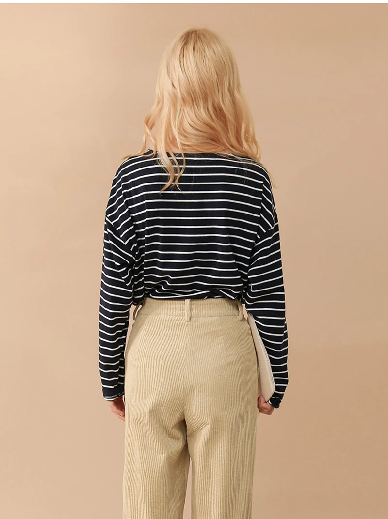 95% Cotton Women's T-Shirt Vinatge Striped Long Sleeve Tees Harajuku Basic Streetwear Tops Ropa Mujer Camisetas