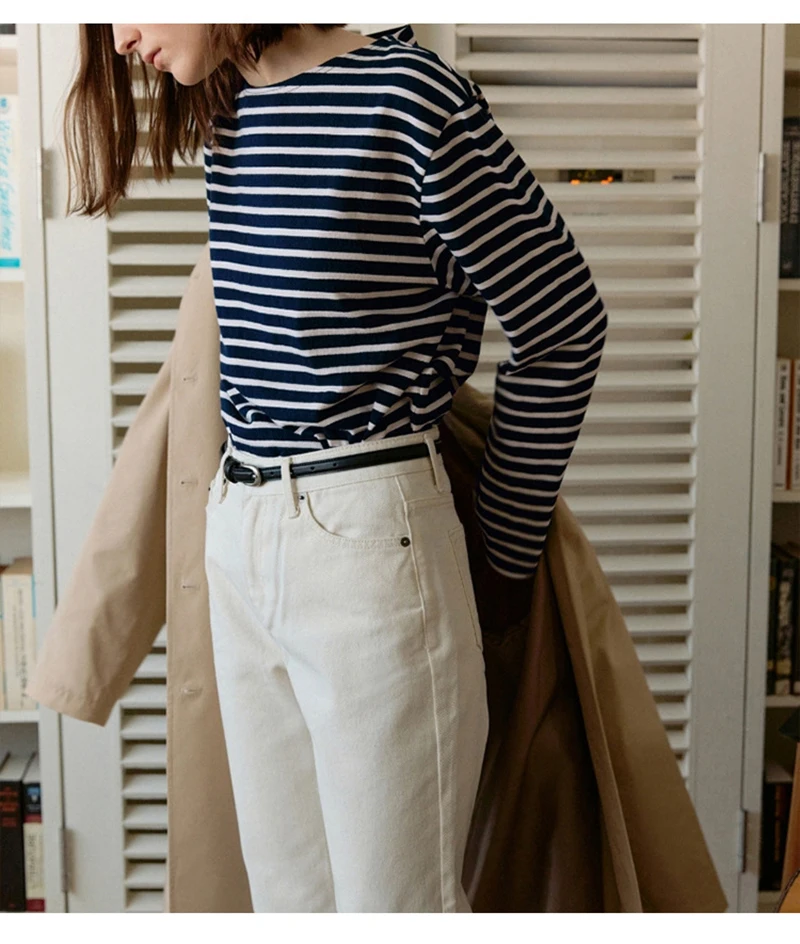95% Cotton Women's T-Shirt Vinatge Striped Long Sleeve Tees Harajuku Basic Streetwear Tops Ropa Mujer Camisetas