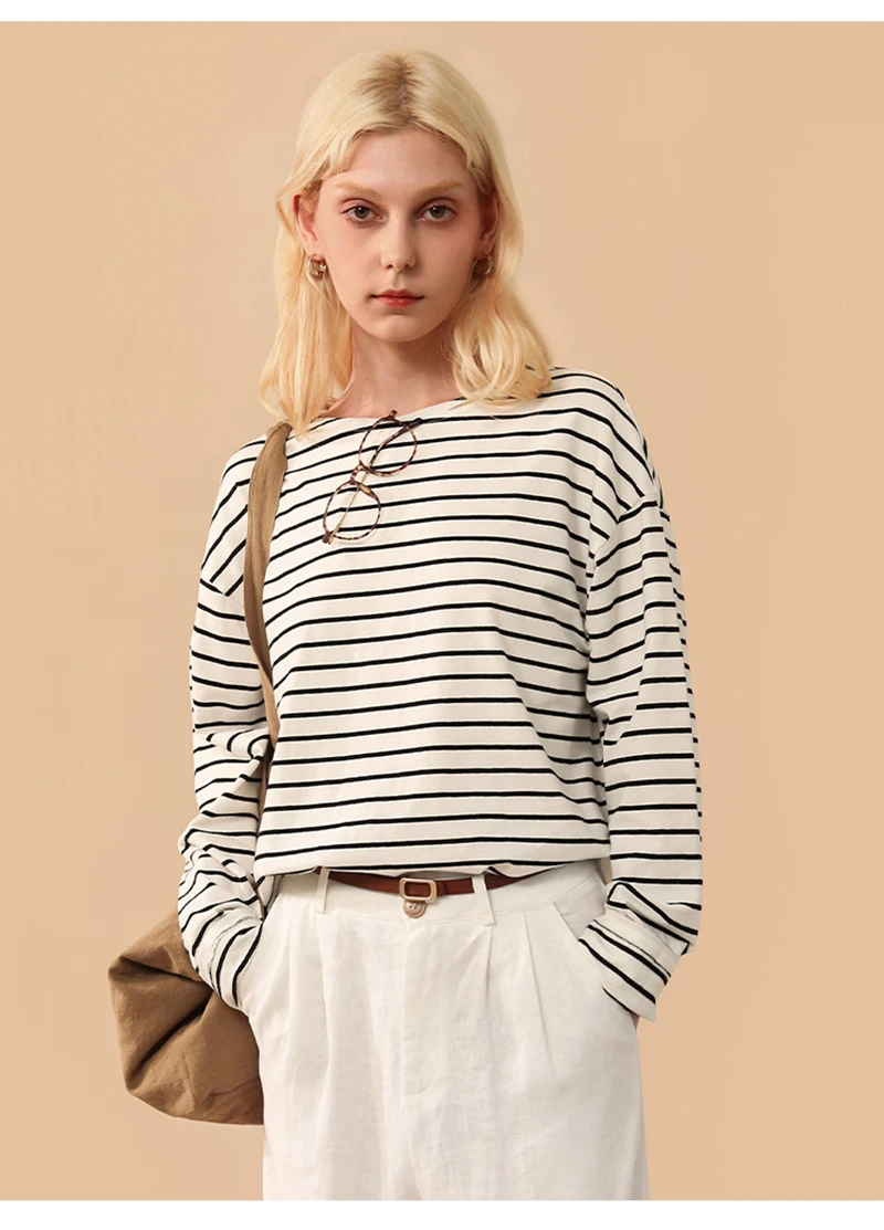 95% Cotton Women's T-Shirt Vinatge Striped Long Sleeve Tees Harajuku Basic Streetwear Tops Ropa Mujer Camisetas