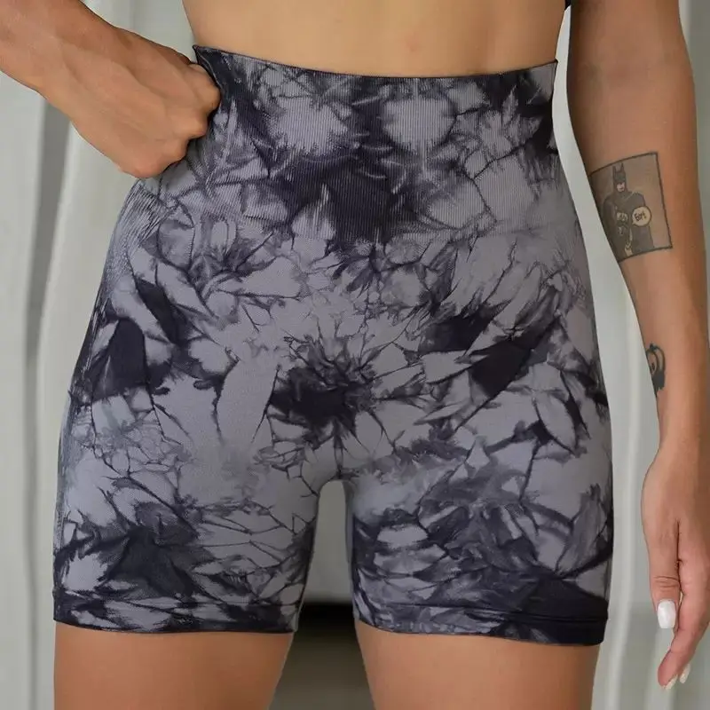 Seamless Tie Dye Sports Shorts For Women Sexy Yoga Fitness Shorts High Waist Hip Lifting Belly Hugging Pants For Women