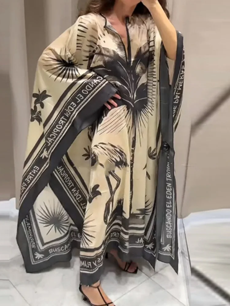 Bohemian Female Round Neck Print Maxi Dress Summer Women Half Sleeve Loose Party Dress Ladies Casual Beach Style Dress Vestido